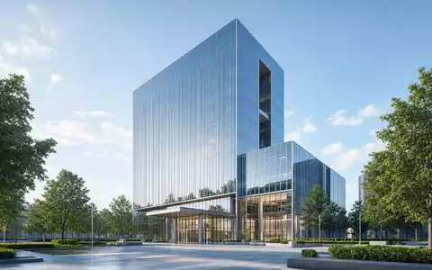 Architektonischer Render eines modernen Glas-Bürohochhauses repräsentiert Unternehmenssitz-Ästhetik von E.ON SE DE000ENAG999 im Energiesektor - Foto: THN