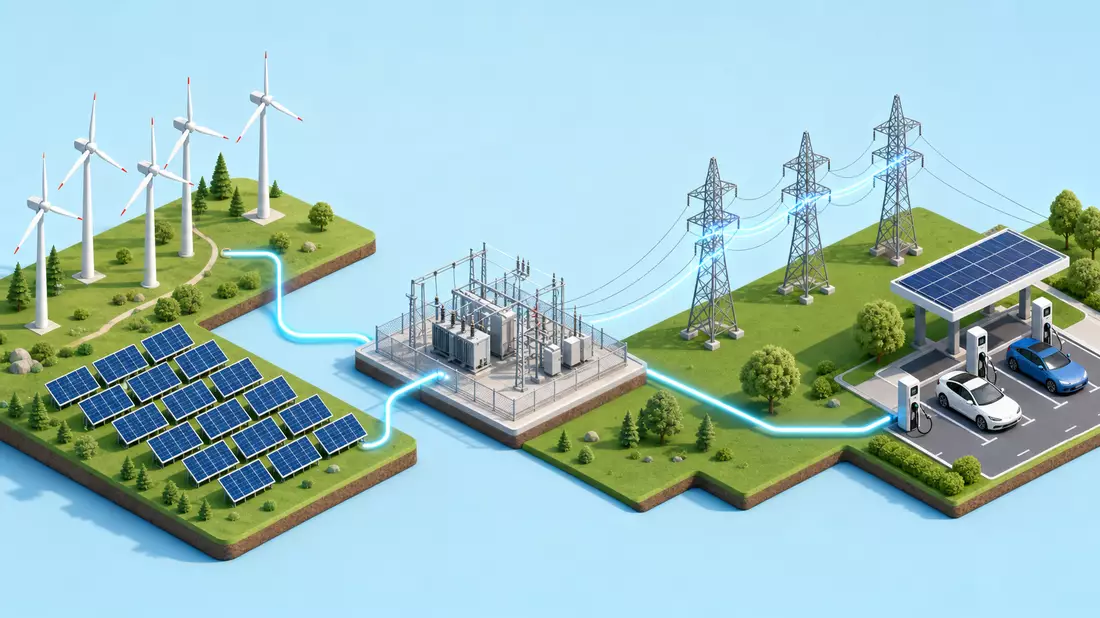 Isometrische Illustration von Windpark, Solarpark, Umspannwerk und Ladestation