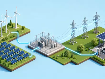 Isometrisches 3D-Diagramm der Energie-Wertschöpfungskette von Windpark bis Ladestation illustriert das Geschäftsfeld von E.ON SE DE000ENAG999 - Foto: THN