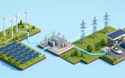 Isometrisches 3D-Diagramm der Energie-Wertschöpfungskette von Windpark bis Ladestation illustriert das Geschäftsfeld von E.ON SE DE000ENAG999 - Foto: THN
