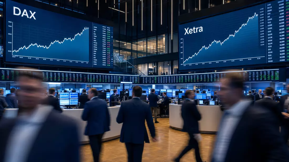 Börsenparkett mit Bildschirmen, die DAX- und Xetra-Charts zeigen, Händler im Vordergrund