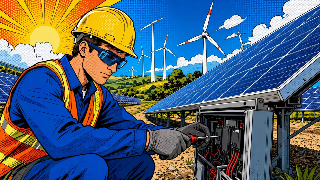 Comic-Illustration eines Technikers an Solarmodulen mit Windrädern im Hintergrund