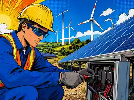 Farbenfrohe Pop-Art-Comicszene mit Techniker an Solaranlage verbildlicht erneuerbare Energien im Portfolio von E.ON SE DE000ENAG999 - Foto: THN