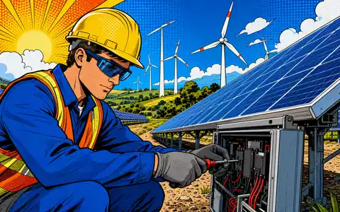 Farbenfrohe Pop-Art-Comicszene mit Techniker an Solaranlage verbildlicht erneuerbare Energien im Portfolio von E.ON SE DE000ENAG999 - Foto: THN