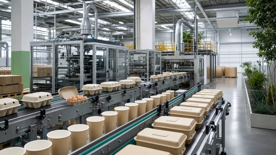 Moderne Fabrikhalle mit Pappbechern und Eierkartons auf Förderband, Huhtamäki Oyj