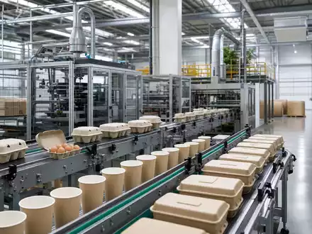 Huhtamäki Oyj (FI0009000459) produziert nachhaltige Pappbecher und Eierkartons in moderner Fabrikhalle mit Förderbändern - Foto: THN