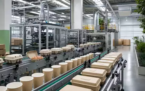 Huhtamäki Oyj (FI0009000459) produziert nachhaltige Pappbecher und Eierkartons in moderner Fabrikhalle mit Förderbändern - Foto: THN
