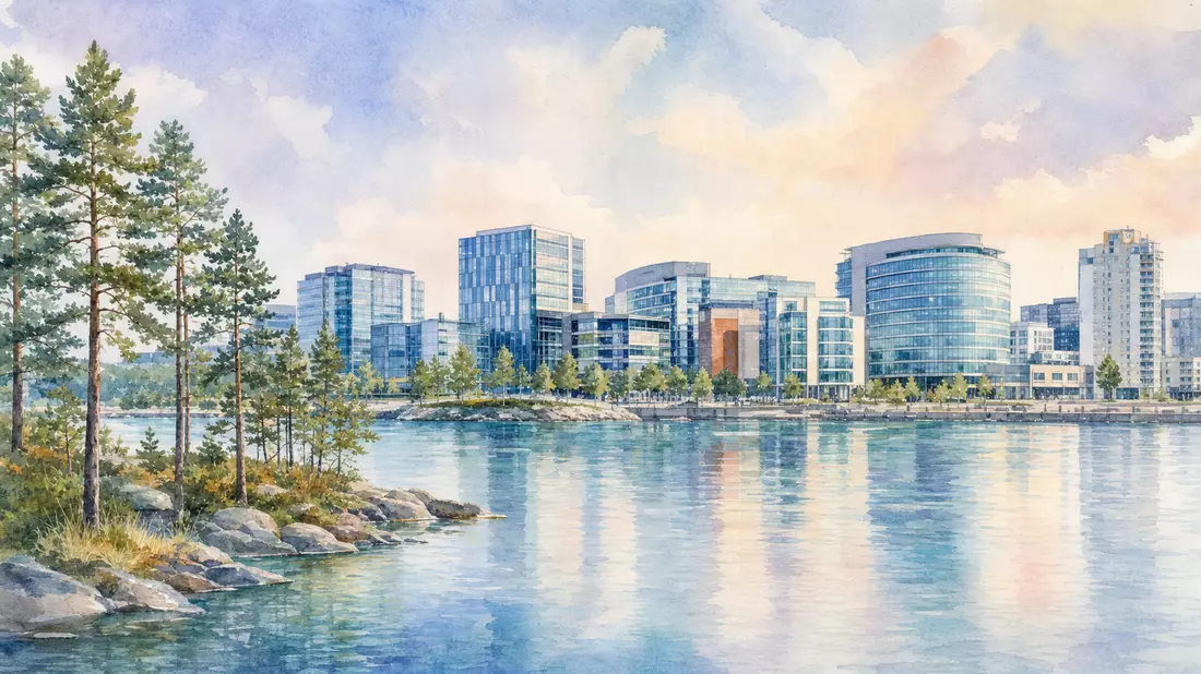 Aquarell der Espoo-Skyline am Wasser mit Kiefern, Sitz von Huhtamäki Oyj