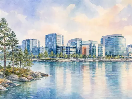 Aquarellmalerei zeigt die Skyline von Espoo, Sitz von Huhtamäki Oyj (FI0009000459), am Wasser - Foto: THN