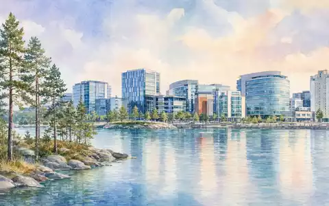 Aquarellmalerei zeigt die Skyline von Espoo, Sitz von Huhtamäki Oyj (FI0009000459), am Wasser - Foto: THN