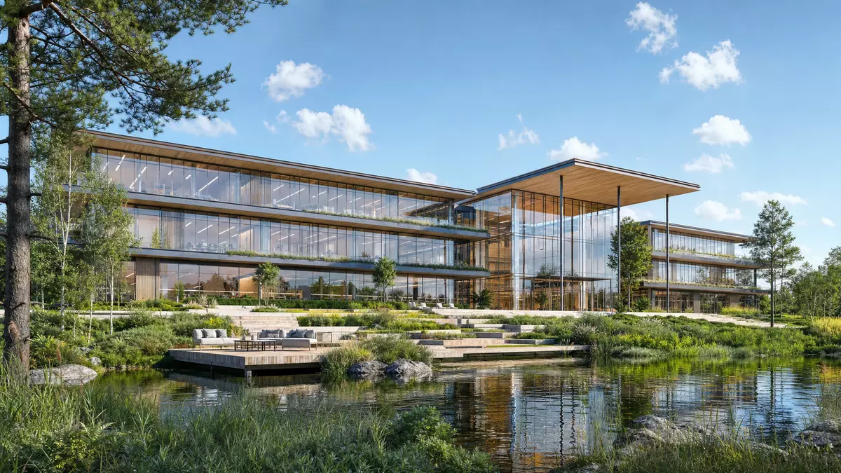 Modernes Glas-Bürogebäude mit Grünanlage, Architektur-Render für Huhtamäki Oyj