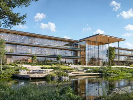 Architektur-Render eines nachhaltigen BĂŒrogebĂ€udes symbolisiert den Hauptsitz von HuhtamĂ€ki Oyj (FI0009000459) in Finnland - Foto: THN