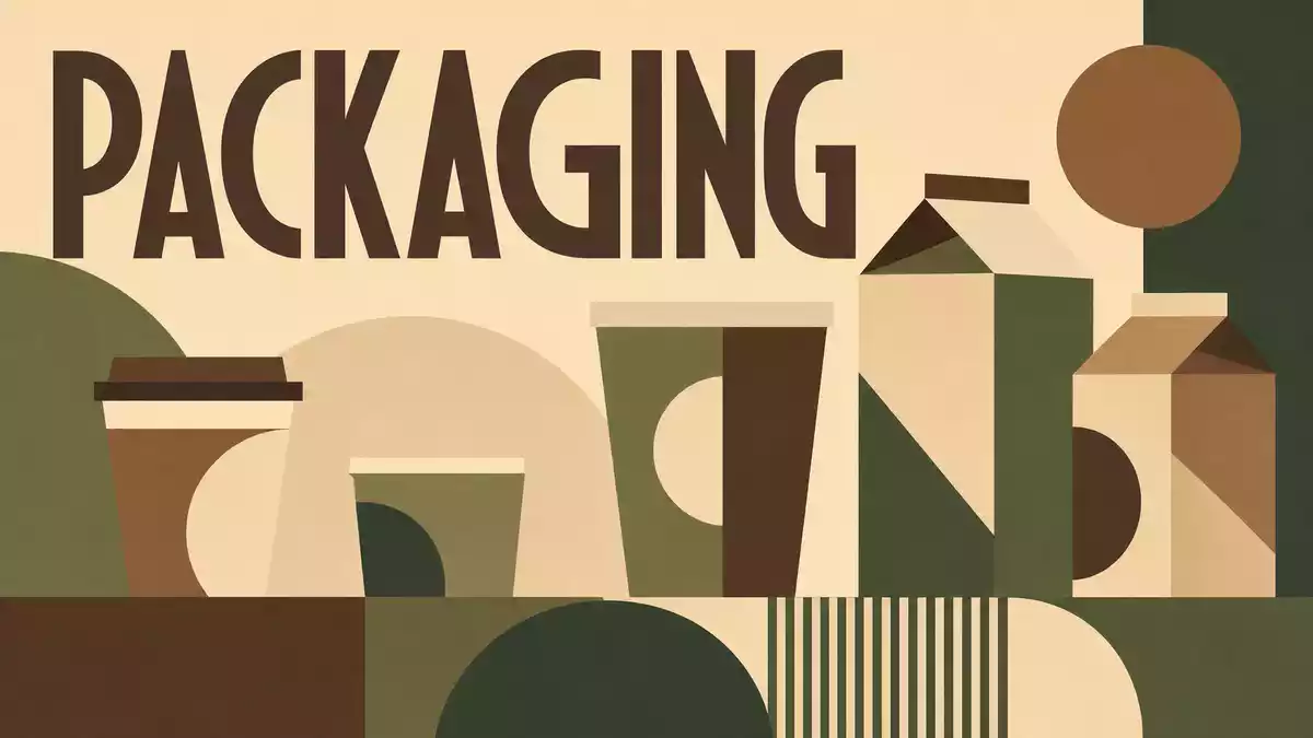 Bauhaus-Poster mit geometrischen Becherformen und Text PACKAGING, Huhtamäki Oyj