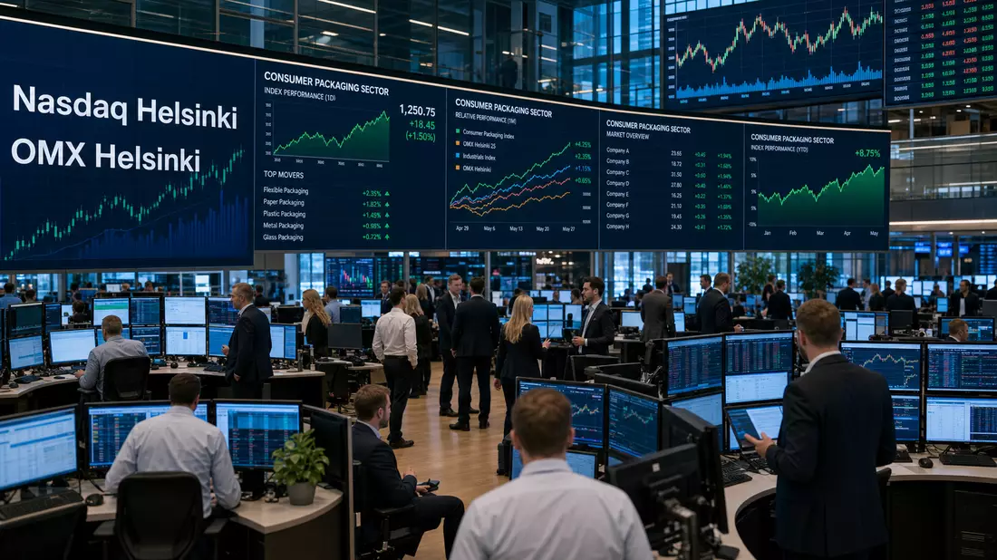 Trading-Floor mit Charts zu Nasdaq Helsinki und OMX Helsinki, Bezug zu Huhtamäki Oyj