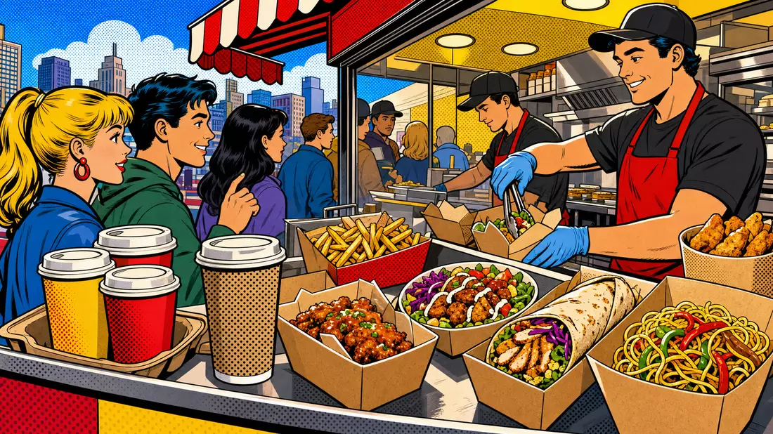 Pop-Art-Comic-Szene an Take-away-Stand mit Pappbechern und Kartons, Huhtamäki Oyj