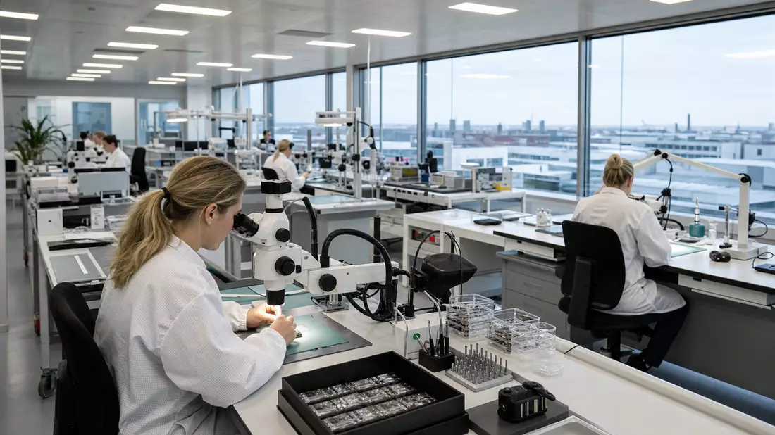 Techniker fertigen Hörgerätekomponenten in sterilem Reinraum mit Mikroskopen