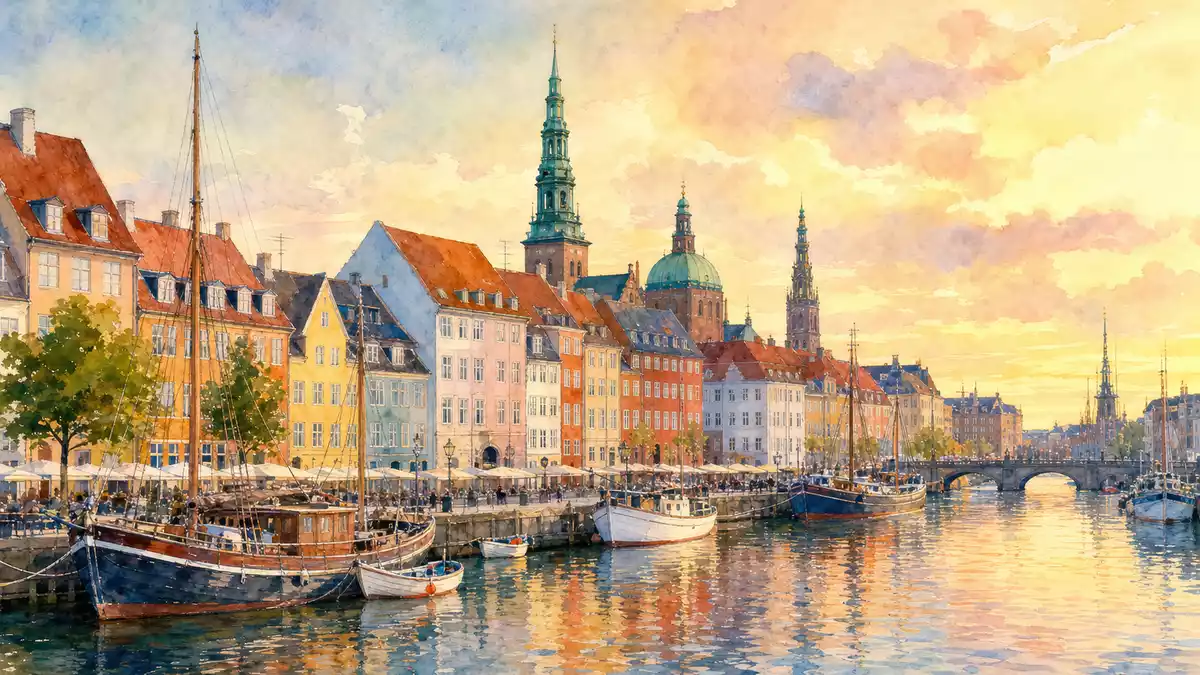 Aquarellmalerei von Kopenhagens Hafen und historischer Altstadt bei Sonnenuntergang
