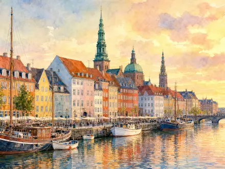 GN Store Nord A/S (DK0010272632) hat Sitz nahe Kopenhagen, hier als Aquarell mit Hafen dargestellt - Foto: THN