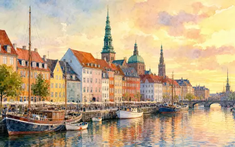 GN Store Nord A/S (DK0010272632) hat Sitz nahe Kopenhagen, hier als Aquarell mit Hafen dargestellt - Foto: THN