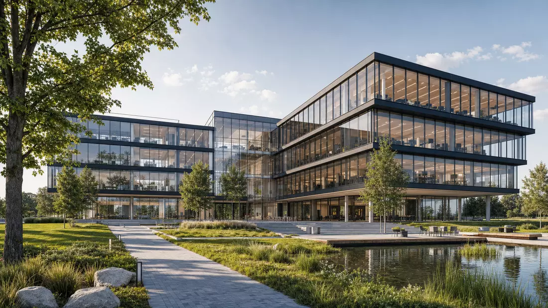 Architektur-Rendering eines modernen Glas-Bürogebäudes mit Grünanlagen und Teich