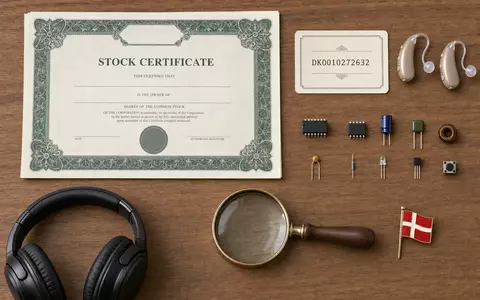 GN Store Nord A/S (DK0010272632): Flatlay mit Aktienzertifikat, ISIN-Karte, Hörgeräten und Elektronikbauteilen auf Holztisch - Foto: THN