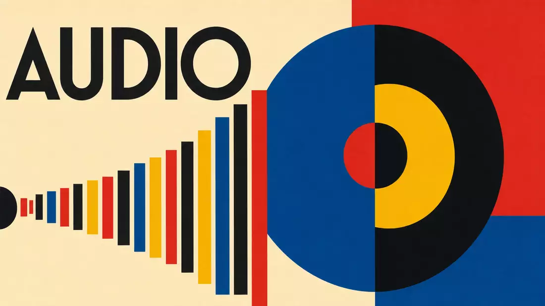 Geometrisches Bauhaus-Poster mit Schallwellen-Balken und dem Schriftzug AUDIO