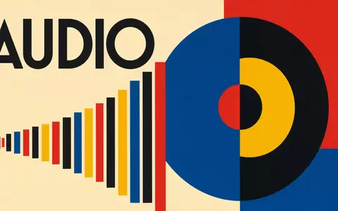 GN Store Nord A/S (DK0010272632) wird durch geometrisches Bauhaus-Poster mit Schallwellen-Motiv und Wort AUDIO symbolisiert - Foto: THN