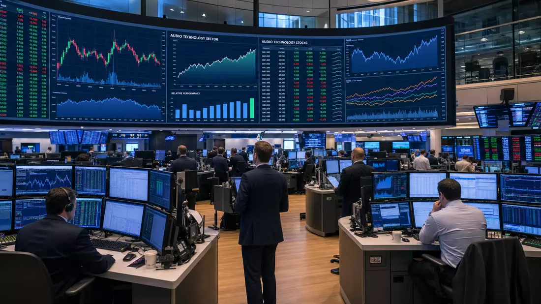 Trading-Floor mit großen Bildschirmen und Charts zum Audiotechnologie-Sektor