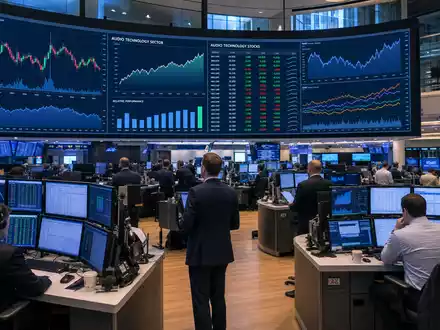 GN Store Nord A/S (DK0010272632) notiert an Nasdaq Copenhagen, dargestellt als Handelsraum mit Audiotechnologie-Charts - Foto: THN
