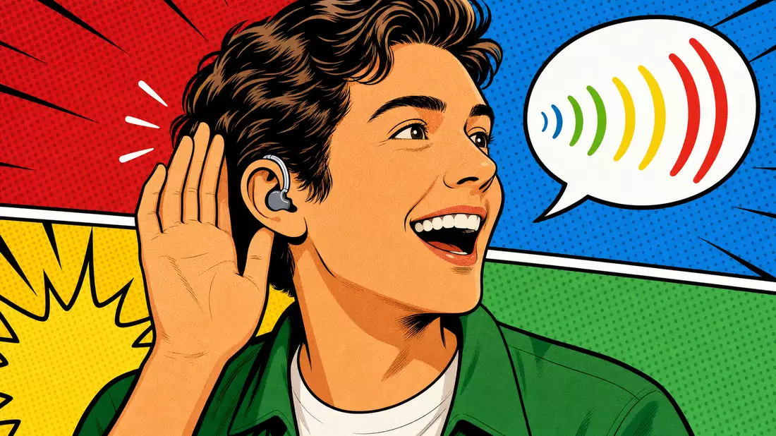 Pop-Art-Comic einer lächelnden Person mit Hörgerät und Schallwellen-Sprechblase