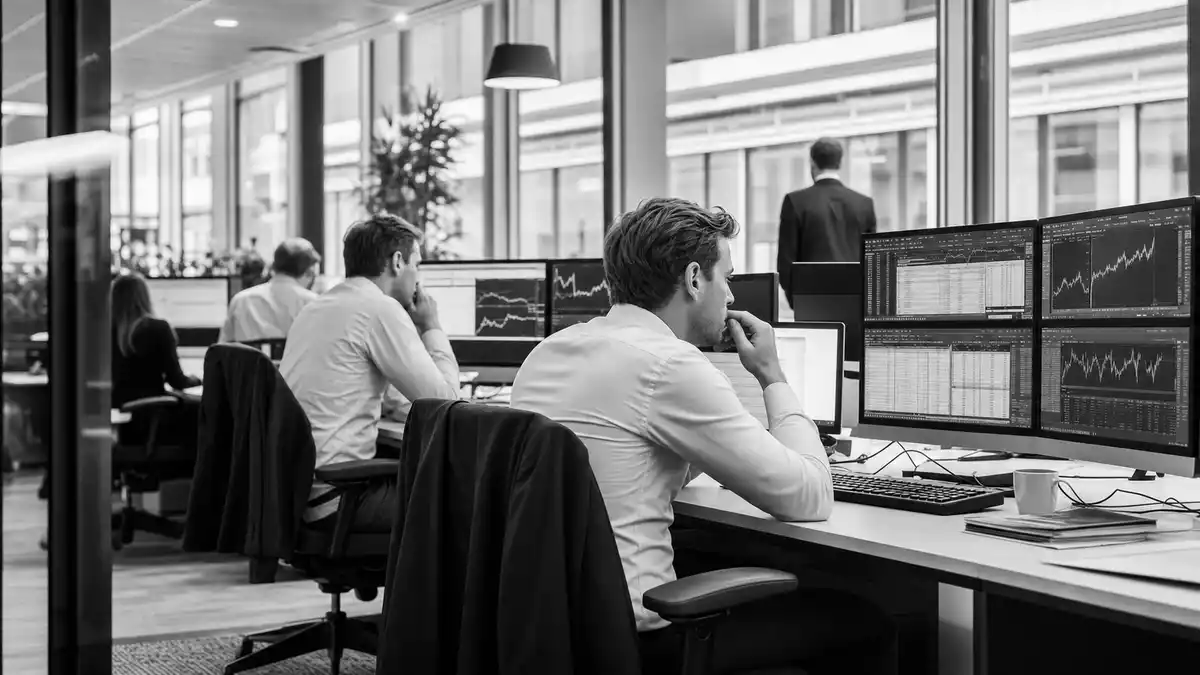 Monochrome Aufnahme von Bankangestellten an Computerbildschirmen mit Charts