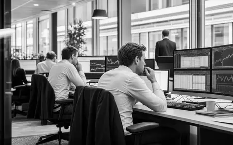 Schwarzweiß-Reportage dokumentiert Mitarbeiter der Jyske Bank A/S DK0010307958 an Handelsplätzen mit Finanzdiagrammen - Foto: THN