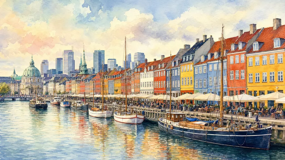 Aquarell von Nyhavn Kopenhagen mit bunten Häusern und Skyline im Hintergrund