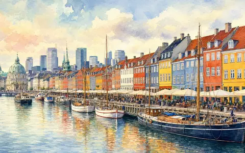 Aquarellmalerei zeigt Kopenhagen als Heimatstadt der Jyske Bank A/S DK0010307958 mit Hafen und Skyline - Foto: THN