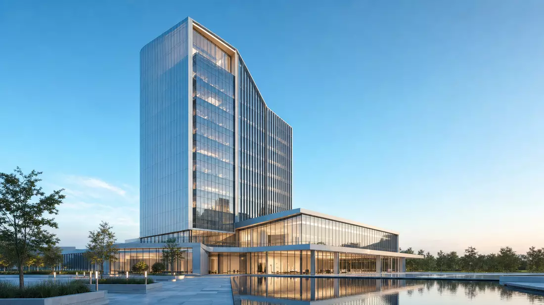 3D-Visualisierung eines gläsernen Bürohochhauses vor blauem Himmel