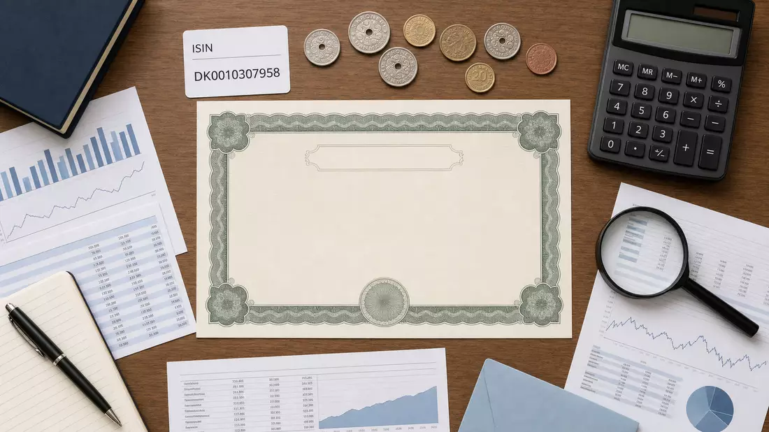 Flatlay mit Zertifikat, ISIN-Karte, Münzen, Taschenrechner und Finanzunterlagen