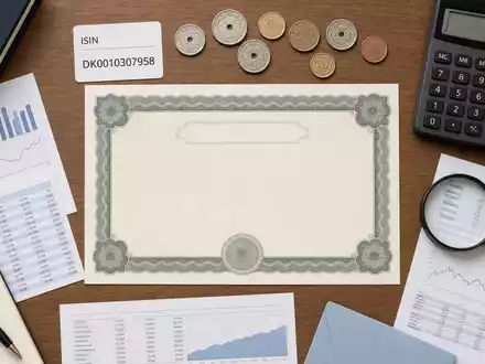 Flatlay mit Aktienzertifikat und ISIN-Karte DK0010307958 illustriert Investment in Jyske Bank A/S visuell - Foto: THN