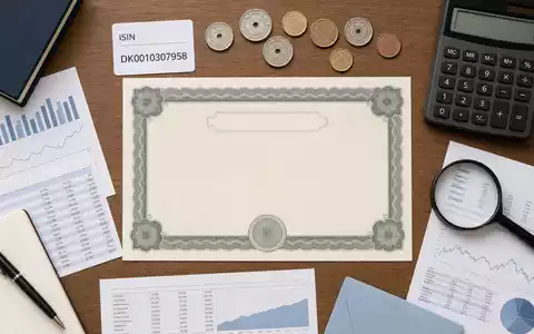 Flatlay mit Aktienzertifikat und ISIN-Karte DK0010307958 illustriert Investment in Jyske Bank A/S visuell - Foto: THN