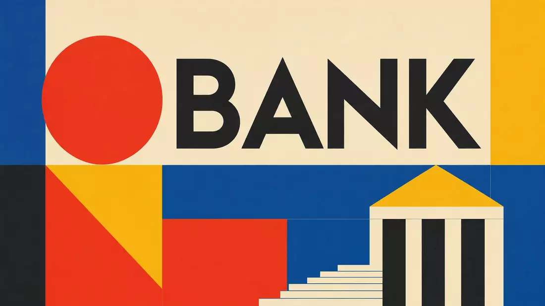 Geometrisches Bauhaus-Poster mit großem Text BANK und bunten Formen