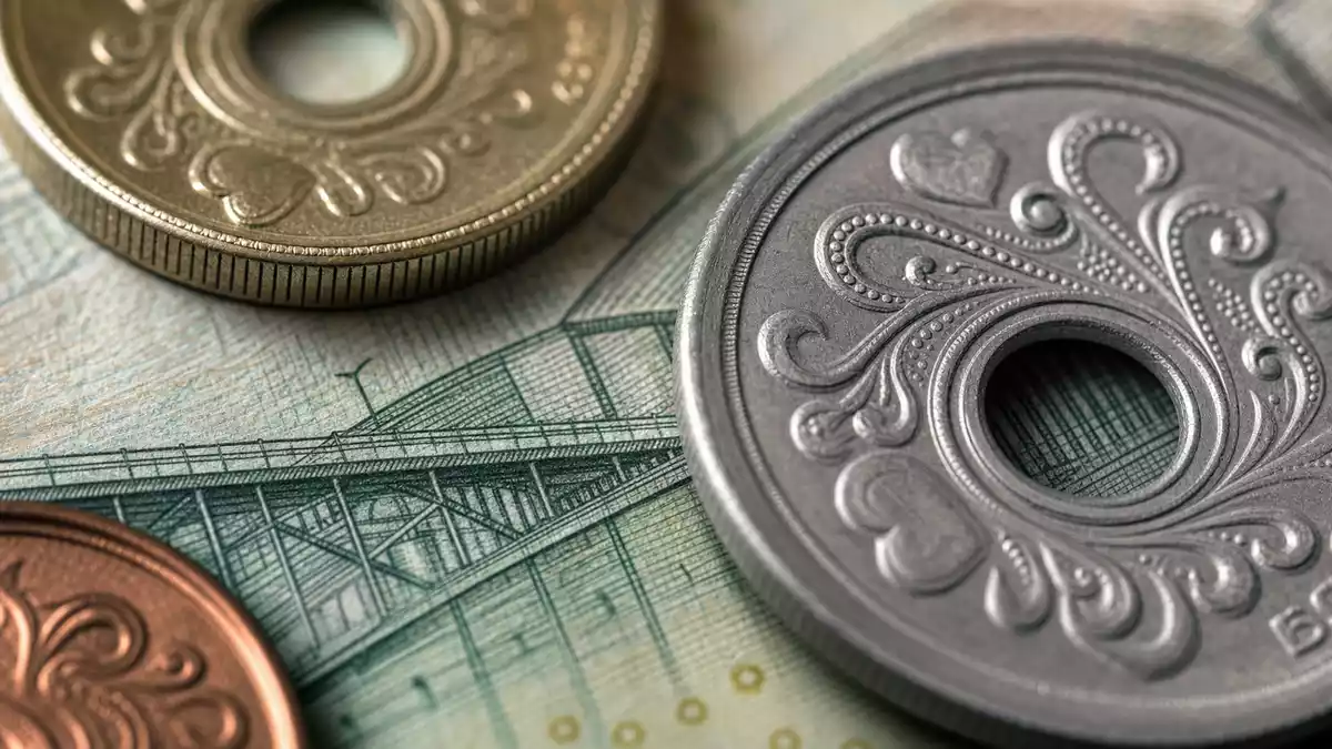 Extreme Nahaufnahme von Münzen und Banknotenstruktur mit feinen Gravuren