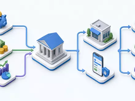Isometrisches 3D-Diagramm veranschaulicht die Wertschöpfungskette der Jyske Bank A/S DK0010307958 im Bankgeschäft - Foto: THN