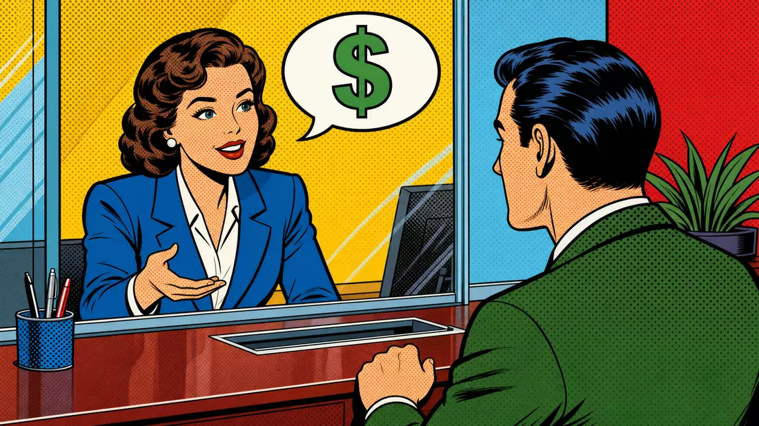 Bunte Comic-Illustration einer Bankangestellten am Schalter mit Dollar-Sprechblase