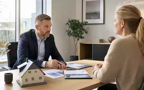 Topdanmark A/S (ISIN DK0060477503) Beratungsgespräch zeigt Versicherungsberater und Kundin an Bürotisch mit Hausmodell - Foto: THN