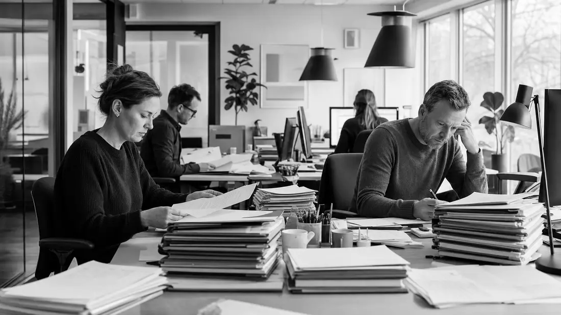 Schwarzweißfoto zeigt Büroangestellte bei Bearbeitung von Versicherungsakten