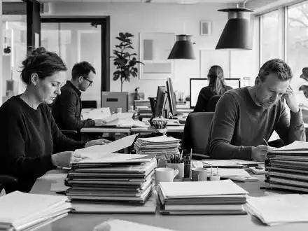 Topdanmark A/S (ISIN DK0060477503) SW-Reportage dokumentiert Mitarbeiter im Büro bei Bearbeitung von Versicherungsansprüchen und Aktenstapeln - Foto: THN