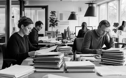 Topdanmark A/S (ISIN DK0060477503) SW-Reportage dokumentiert Mitarbeiter im Büro bei Bearbeitung von Versicherungsansprüchen und Aktenstapeln - Foto: THN