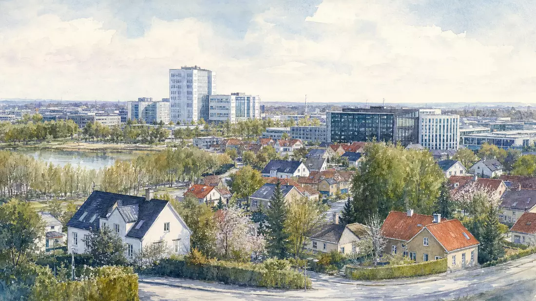 Aquarellmalerei von Ballerup mit Bürogebäuden und Wohnhäusern im Nordlicht