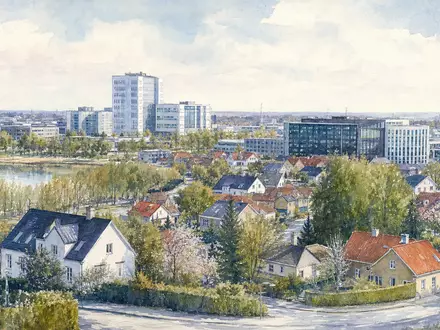 Topdanmark A/S (ISIN DK0060477503) Aquarellbild zeigt Ballerup mit Bürogebäuden, Wohnhäusern und weichem nordischem Licht - Foto: THN