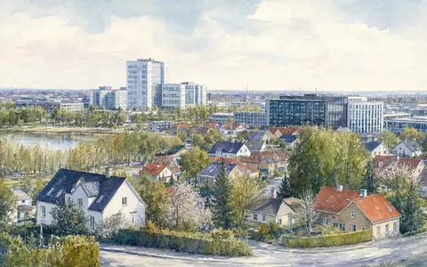 Topdanmark A/S (ISIN DK0060477503) Aquarellbild zeigt Ballerup mit Bürogebäuden, Wohnhäusern und weichem nordischem Licht - Foto: THN