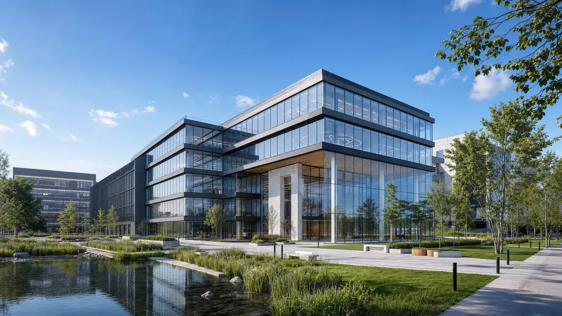Architektonisches Render eines modernen Glas-Bürogebäudes in Ballerup